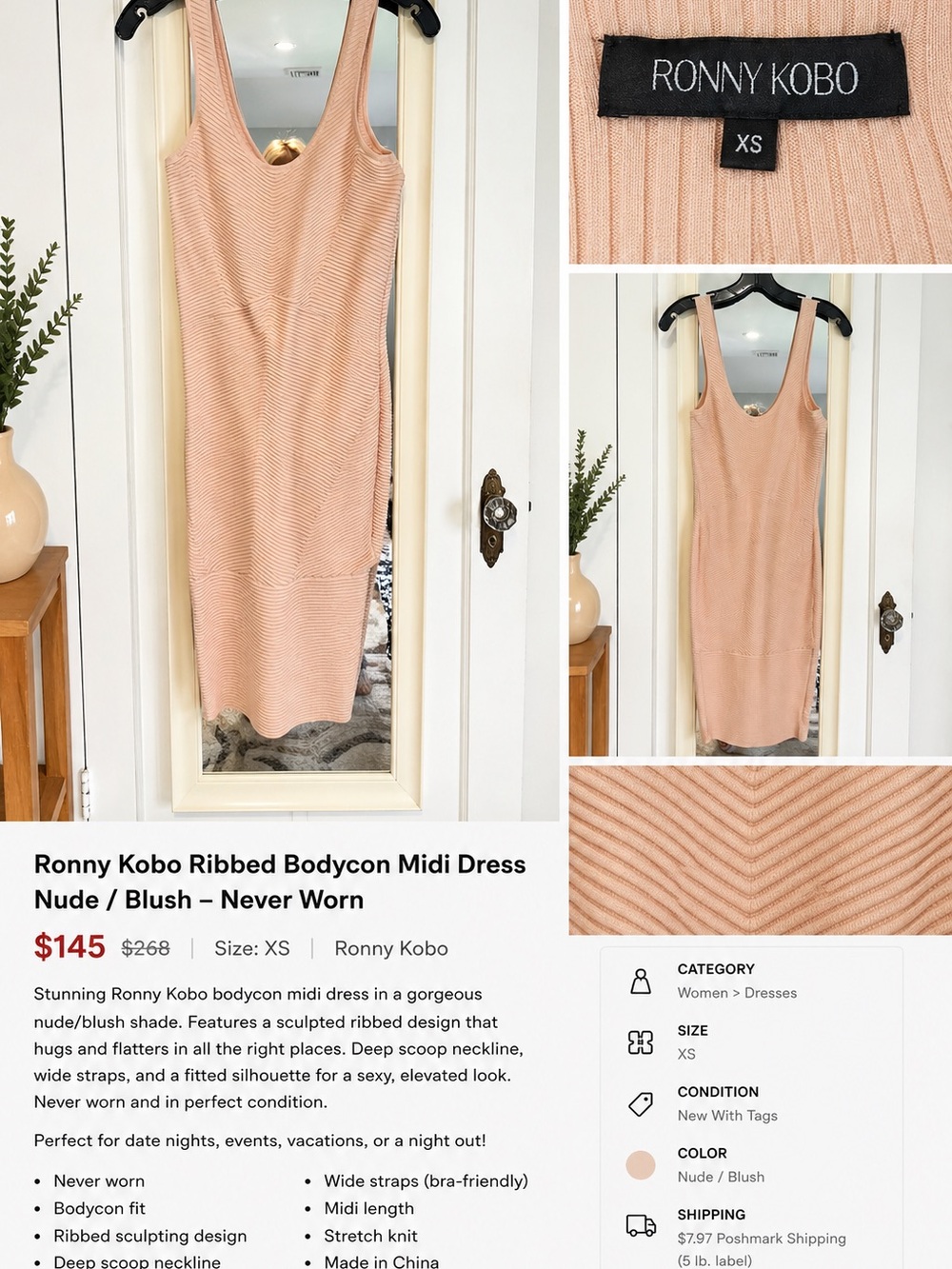 Ronny Kobo Collection Nude/Blush Ribbed Bodycon Midi Dress